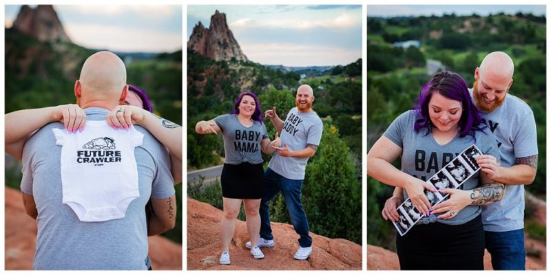 cute baby announcement with mom and dad wearing matching shirts scheduled maternity session at 12 weeks