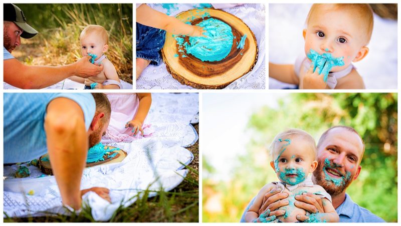 Colorado cake smash outdoor during summer pictures with dad helping