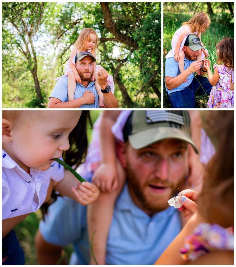 Dad catches a butterfly for his kids to explore during family photo session in Colorado
